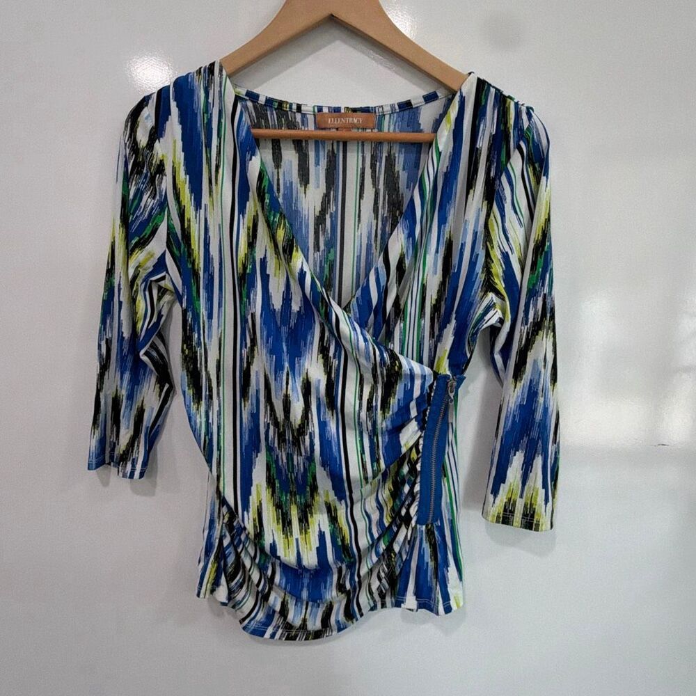 Ellen Tracy Ikat Print Wrap Top Side Zip Small